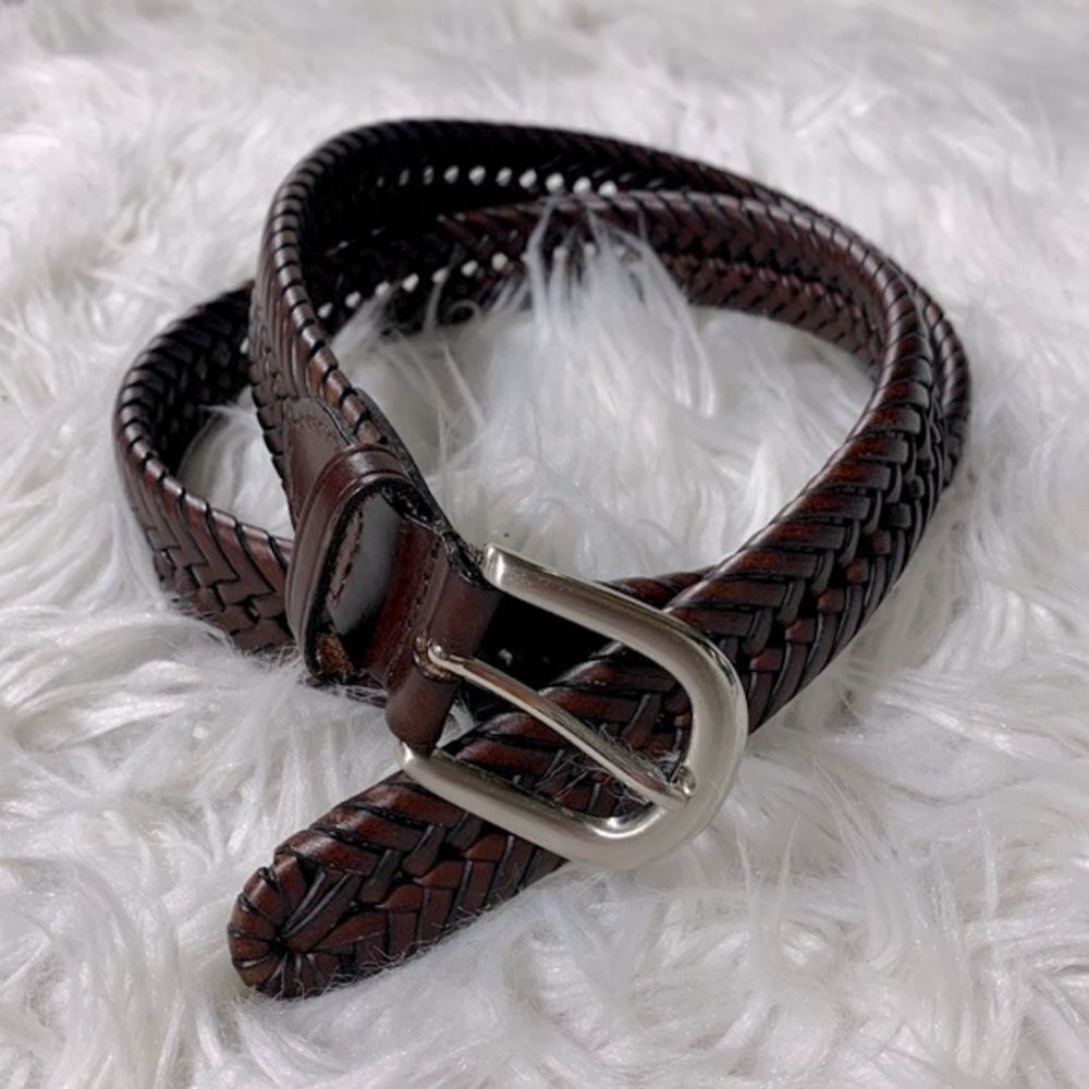 LEATHER belt woven silvertone buckle unisex  size 38/95
